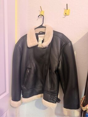 Aeropostale Black Faux Leather Jacket with Cream Shearling Trim